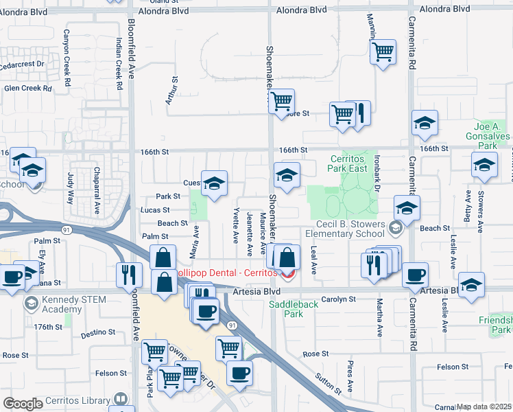 map of restaurants, bars, coffee shops, grocery stores, and more near 12933 Lucas Lane in Cerritos
