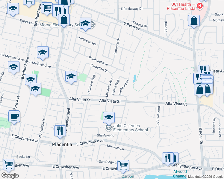 map of restaurants, bars, coffee shops, grocery stores, and more near 917 Finnell Way in Placentia