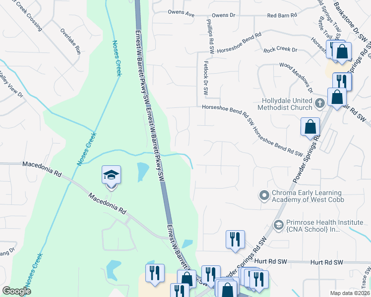 map of restaurants, bars, coffee shops, grocery stores, and more near 3134 Wild Oats Court Southwest in Marietta