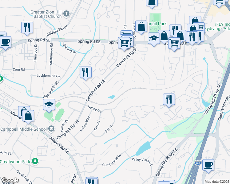 map of restaurants, bars, coffee shops, grocery stores, and more near 1102 Drewsbury Court Southeast in Smyrna