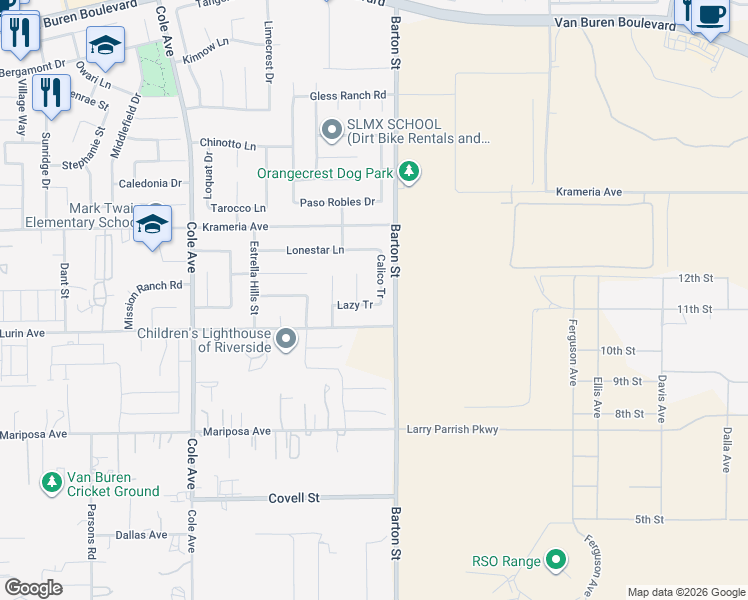 map of restaurants, bars, coffee shops, grocery stores, and more near 9549 Calico Tr in Riverside