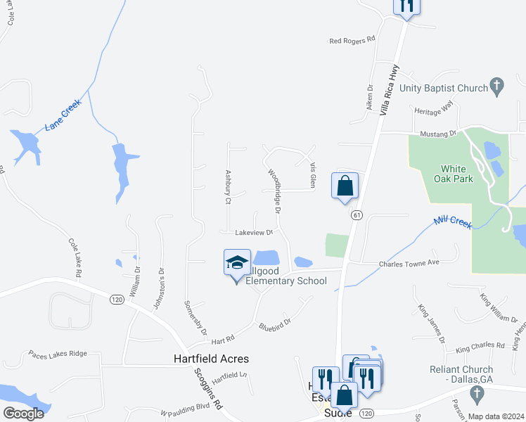 map of restaurants, bars, coffee shops, grocery stores, and more near 74 Woodlake Lane in Dallas