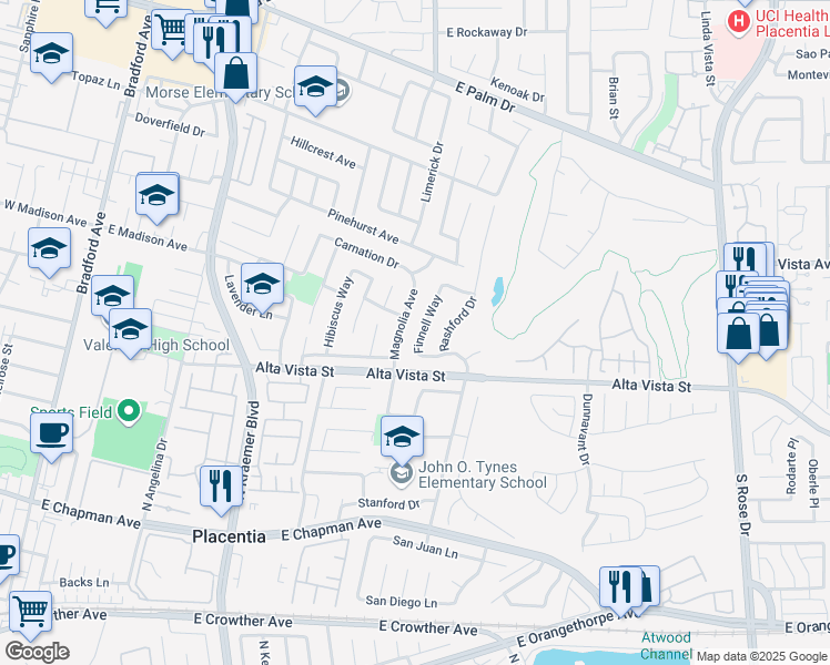 map of restaurants, bars, coffee shops, grocery stores, and more near 917 Finnell Way in Placentia