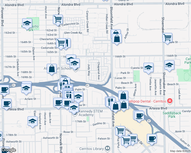 map of restaurants, bars, coffee shops, grocery stores, and more near 16905 Chaparral Avenue in Cerritos