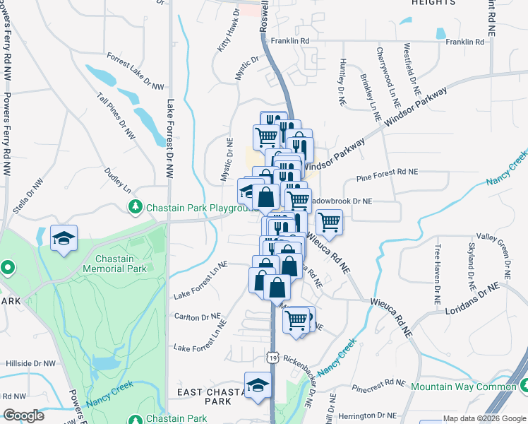 map of restaurants, bars, coffee shops, grocery stores, and more near 174 West Wieuca Road Northeast in Atlanta