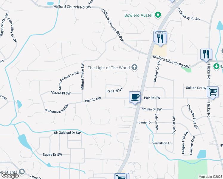 map of restaurants, bars, coffee shops, grocery stores, and more near 1395 Red Hill Road Southwest in Marietta