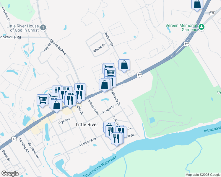 map of restaurants, bars, coffee shops, grocery stores, and more near U.S. 17 & Lakeside Drive in Little River