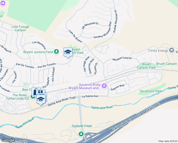 map of restaurants, bars, coffee shops, grocery stores, and more near 5645 Delacroix Way in Yorba Linda