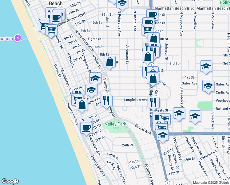 map of restaurants, bars, coffee shops, grocery stores, and more near 816 Duncan Avenue in Manhattan Beach