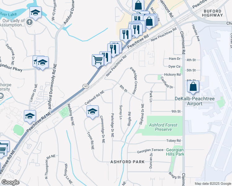 map of restaurants, bars, coffee shops, grocery stores, and more near 3041 Parkridge Drive Northeast in Atlanta