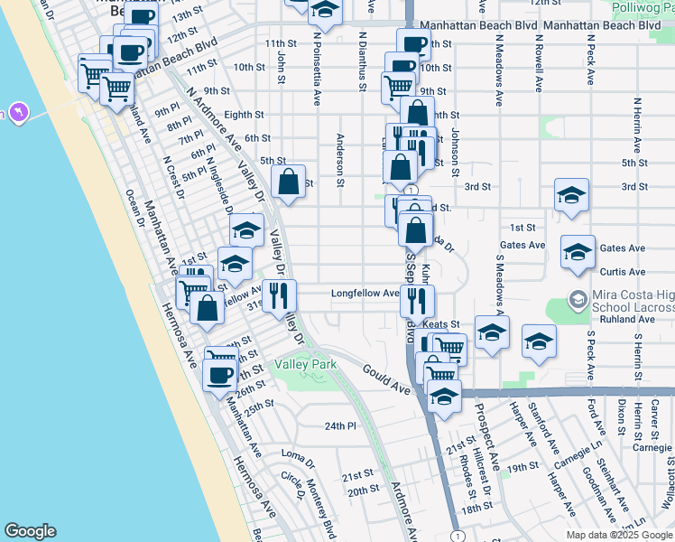 map of restaurants, bars, coffee shops, grocery stores, and more near 922 Duncan Avenue in Manhattan Beach