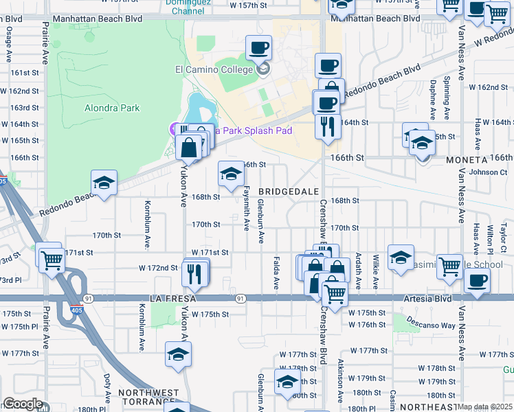 map of restaurants, bars, coffee shops, grocery stores, and more near 16811 Glenburn Avenue in Torrance