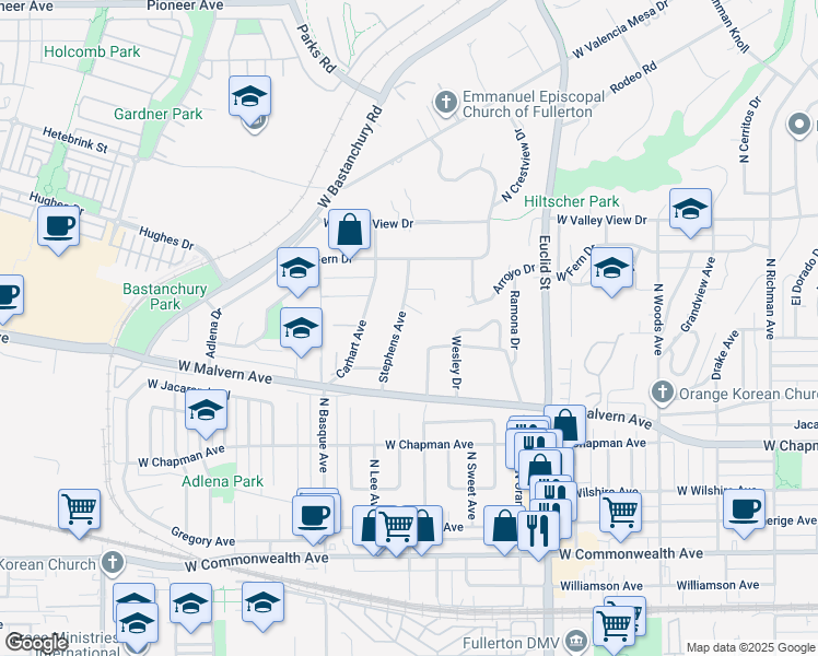 map of restaurants, bars, coffee shops, grocery stores, and more near 774 Stephens Avenue in Fullerton