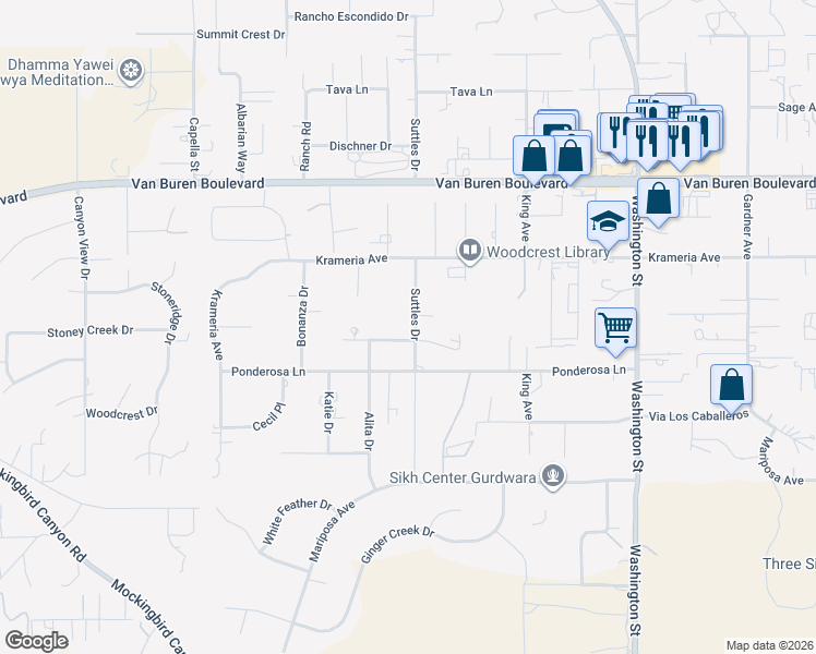 map of restaurants, bars, coffee shops, grocery stores, and more near 16460 Landon Court in Riverside