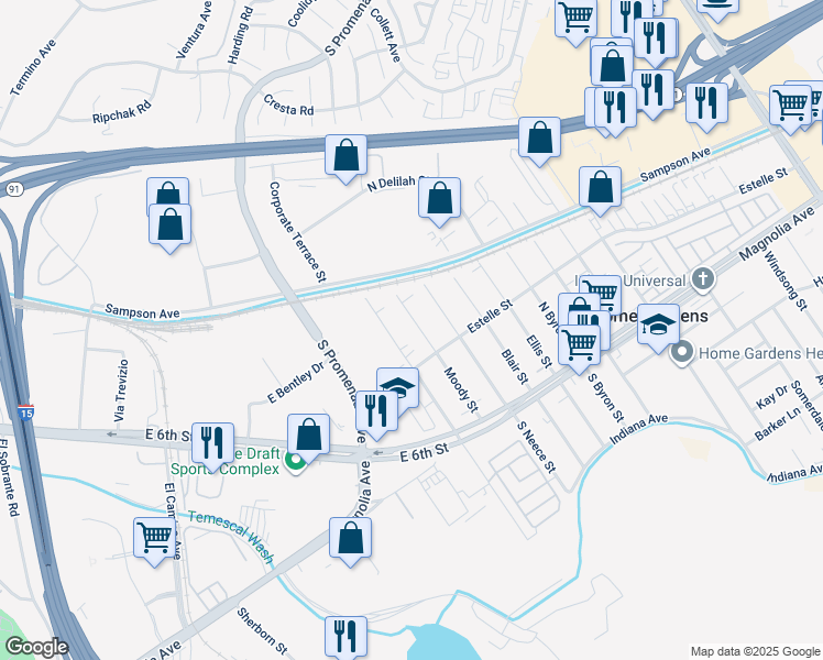 map of restaurants, bars, coffee shops, grocery stores, and more near 4045 Moody Street in Corona