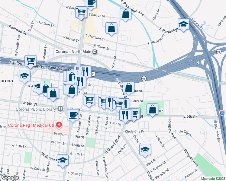 map of restaurants, bars, coffee shops, grocery stores, and more near 313 South Joy Street in Corona