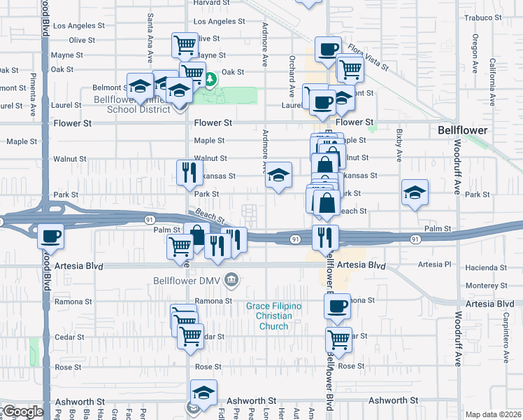 map of restaurants, bars, coffee shops, grocery stores, and more near 17137 Ardmore Avenue in Bellflower