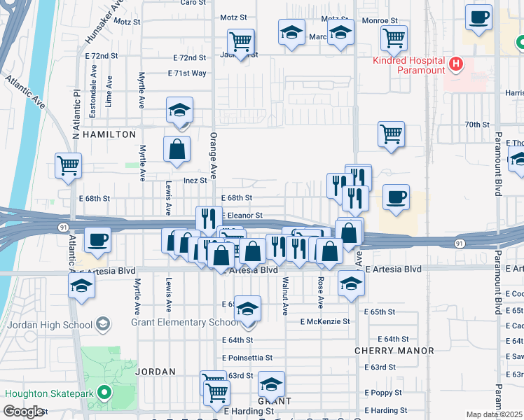 map of restaurants, bars, coffee shops, grocery stores, and more near 1429 East Eleanor Street in Long Beach