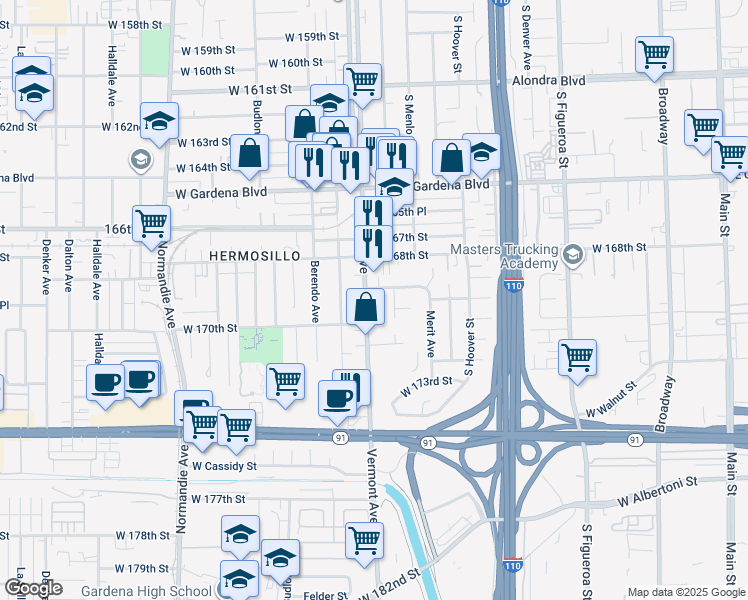 map of restaurants, bars, coffee shops, grocery stores, and more near 16915 Vermont Avenue in Gardena