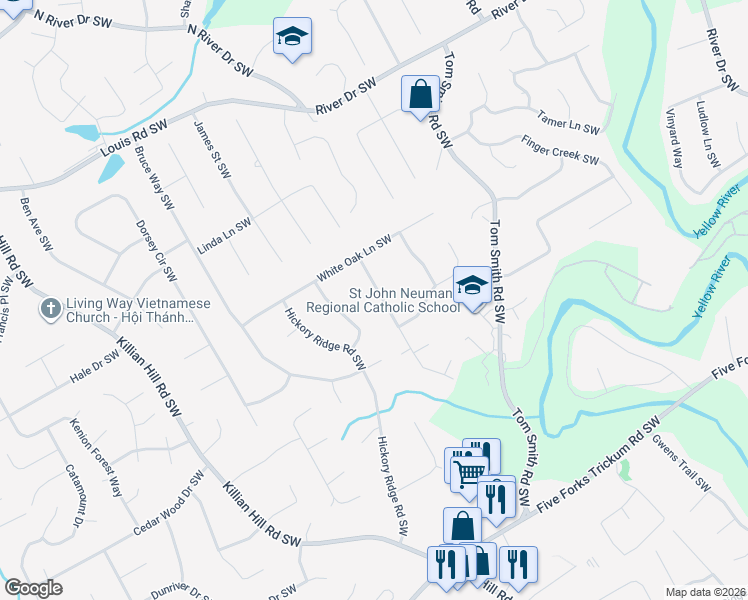 map of restaurants, bars, coffee shops, grocery stores, and more near 663 Ridgeview Drive Southwest in Lilburn