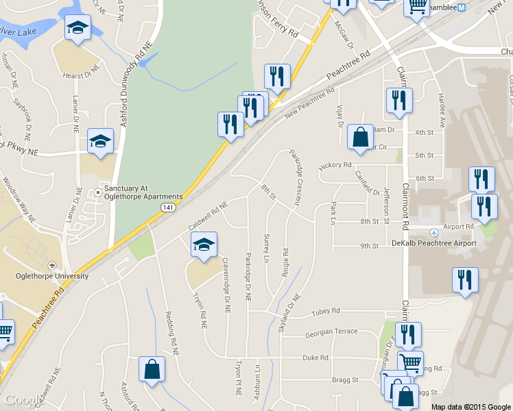 map of restaurants, bars, coffee shops, grocery stores, and more near 3041 Parkridge Drive Northeast in Atlanta
