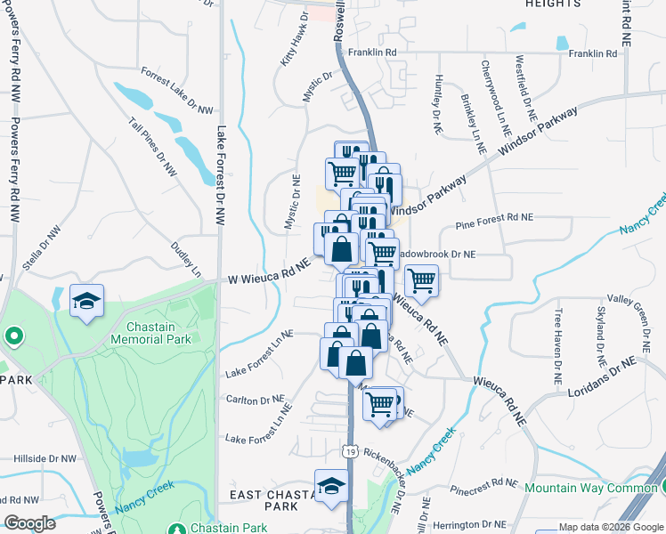 map of restaurants, bars, coffee shops, grocery stores, and more near 135 West Wieuca Road Northeast in Atlanta