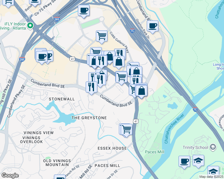 map of restaurants, bars, coffee shops, grocery stores, and more near 3300 Riverwood Parkway in Atlanta