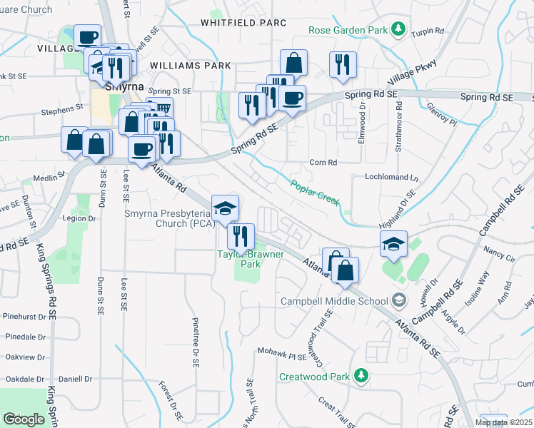 map of restaurants, bars, coffee shops, grocery stores, and more near 1009 Vinings Forest Lane in Smyrna