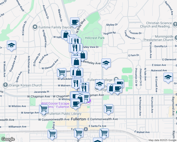 map of restaurants, bars, coffee shops, grocery stores, and more near 139 East Union Avenue in Fullerton