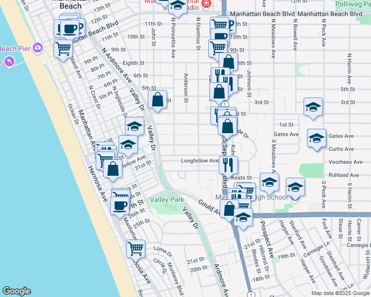map of restaurants, bars, coffee shops, grocery stores, and more near 922 Duncan Avenue in Manhattan Beach