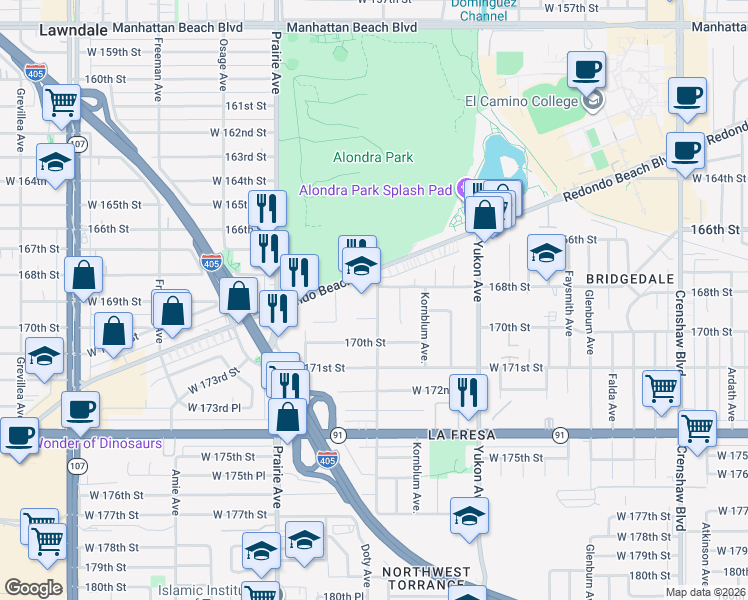 map of restaurants, bars, coffee shops, grocery stores, and more near 16805 Ainsworth Avenue in Torrance