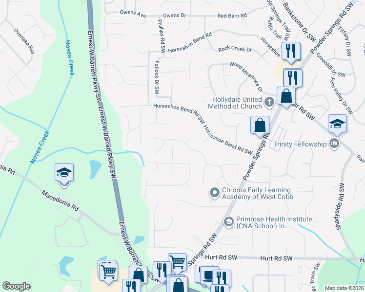 map of restaurants, bars, coffee shops, grocery stores, and more near 3147 Oak Leaf Court in Marietta