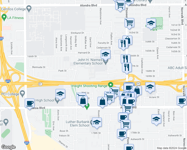 map of restaurants, bars, coffee shops, grocery stores, and more near 11518 Belvedere Court in Cerritos