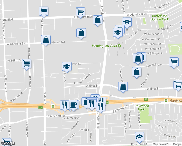 map of restaurants, bars, coffee shops, grocery stores, and more near 16952 Roa Drive in Carson
