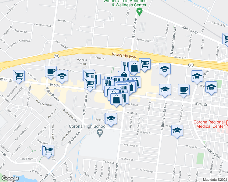 map of restaurants, bars, coffee shops, grocery stores, and more near 1141 West 6th Street in Corona