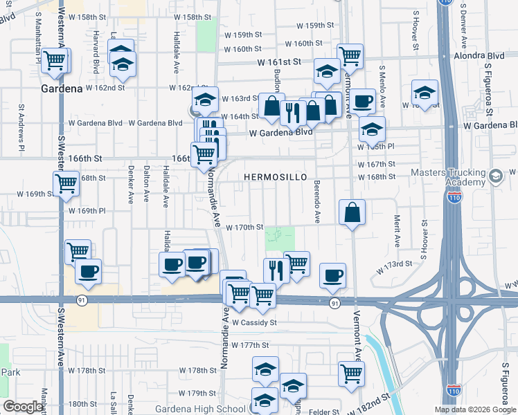 map of restaurants, bars, coffee shops, grocery stores, and more near 16911 Raymond Place in Gardena