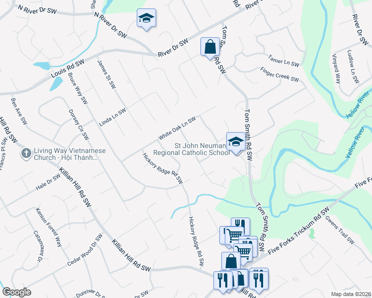 map of restaurants, bars, coffee shops, grocery stores, and more near 663 Ridgeview Drive Southwest in Lilburn