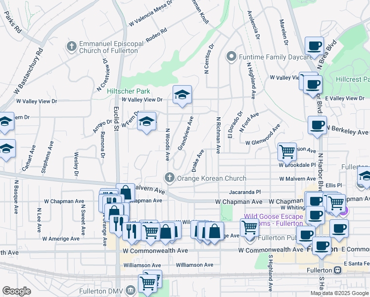 map of restaurants, bars, coffee shops, grocery stores, and more near 800 Oceanview Drive in Fullerton