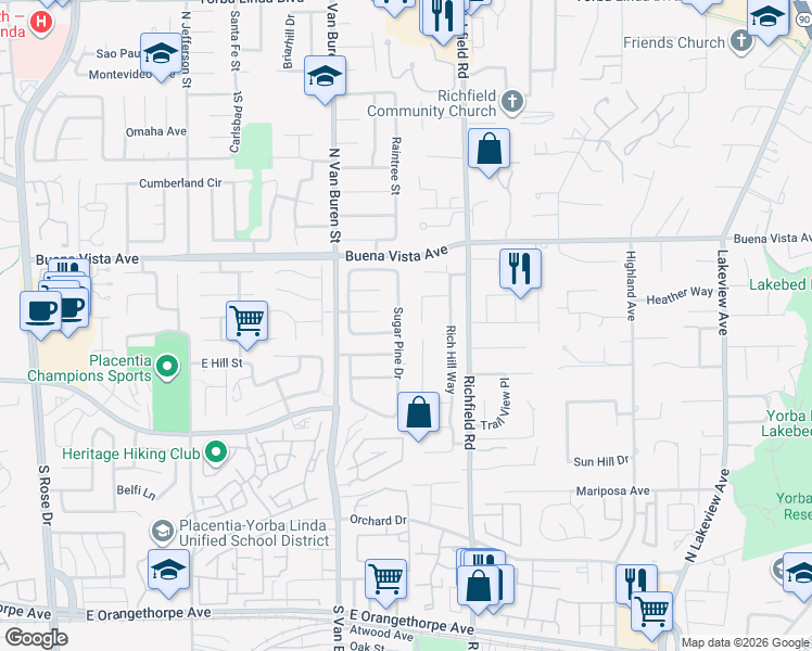 map of restaurants, bars, coffee shops, grocery stores, and more near 5802 Casson Drive in Yorba Linda