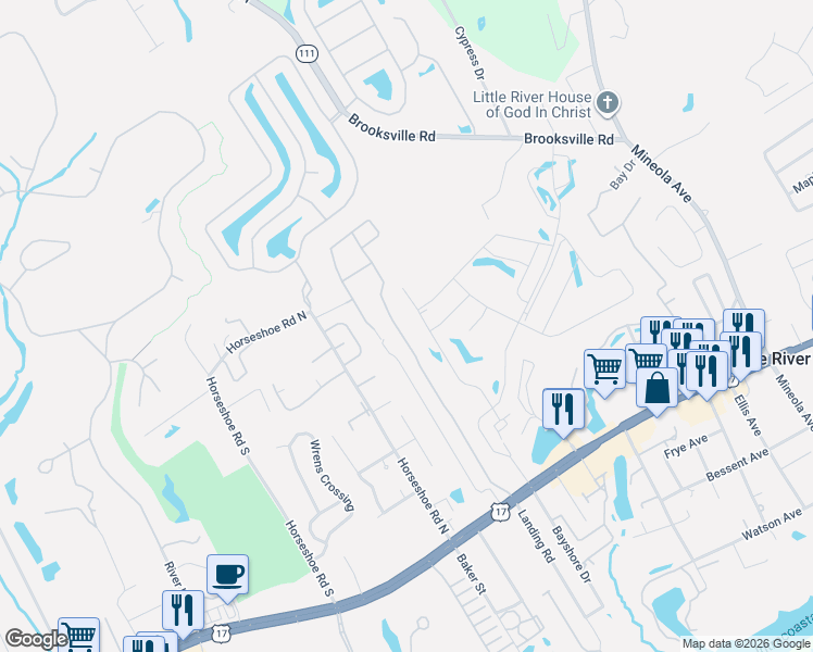map of restaurants, bars, coffee shops, grocery stores, and more near 4155 Hibiscus Drive in Little River