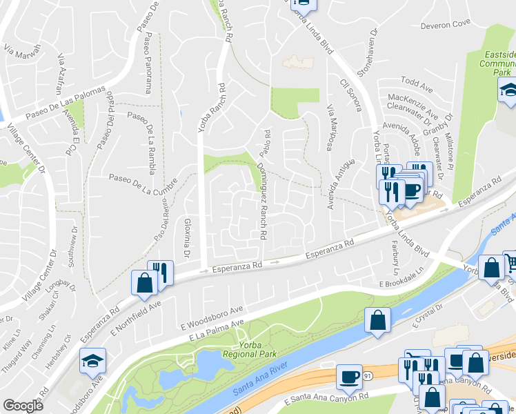 map of restaurants, bars, coffee shops, grocery stores, and more near 21166 Vía Canon in Yorba Linda