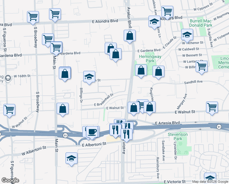 map of restaurants, bars, coffee shops, grocery stores, and more near 16955 Roa Drive in Carson