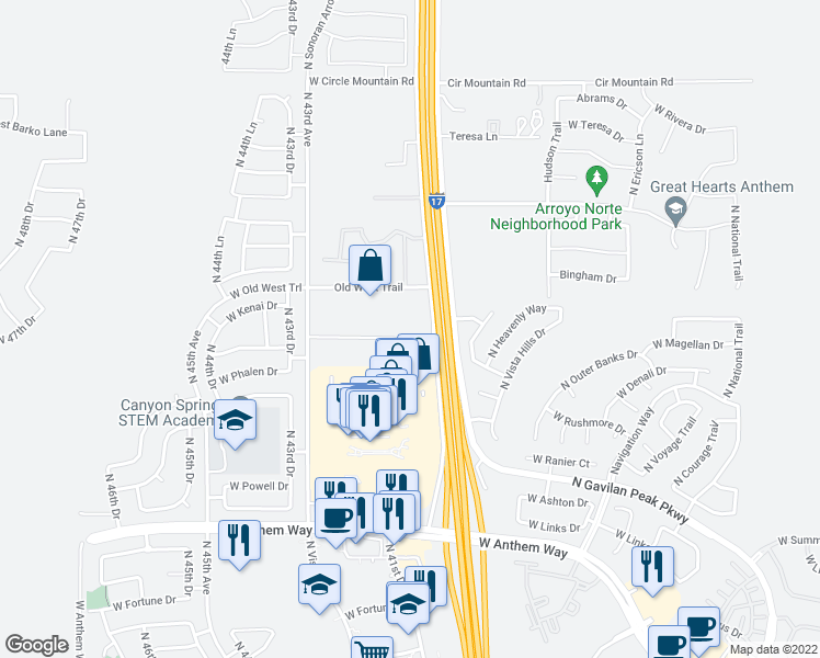 map of restaurants, bars, coffee shops, grocery stores, and more near 43240 North Black Canyon Highway in Phoenix