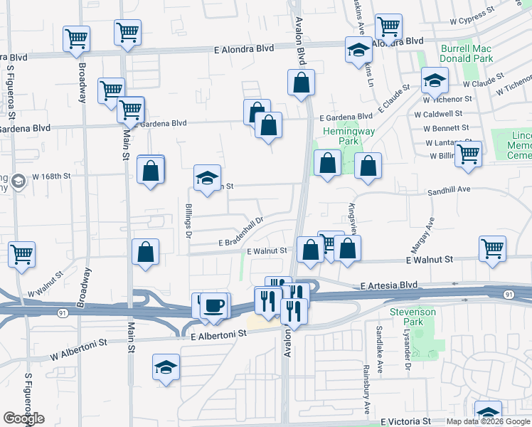 map of restaurants, bars, coffee shops, grocery stores, and more near 16952 Roa Drive in Carson