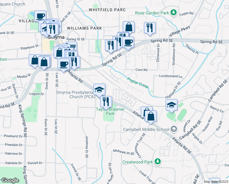 map of restaurants, bars, coffee shops, grocery stores, and more near 1302 Vinings Forest Lane in Smyrna