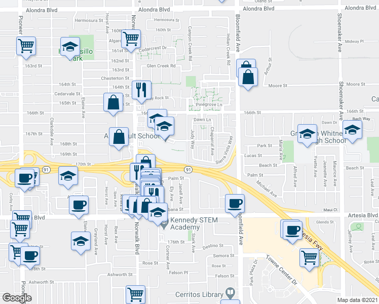 map of restaurants, bars, coffee shops, grocery stores, and more near 16841 Judy Way in Cerritos