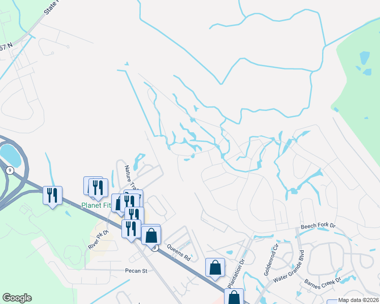 map of restaurants, bars, coffee shops, grocery stores, and more near 422 Nature Trail in Little River