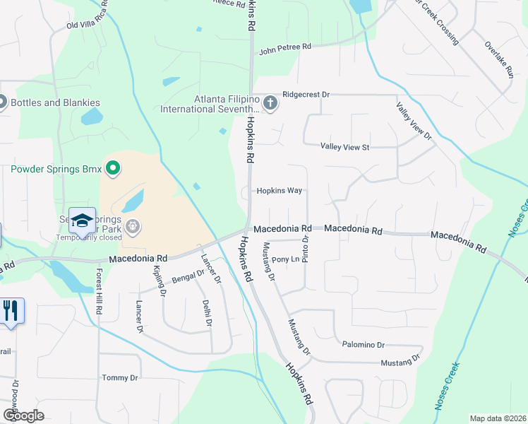 map of restaurants, bars, coffee shops, grocery stores, and more near 3120 Macedonia Pl in Powder Springs