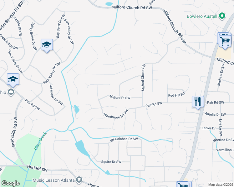 map of restaurants, bars, coffee shops, grocery stores, and more near 1582 Milford Creek Lane Southwest in Marietta