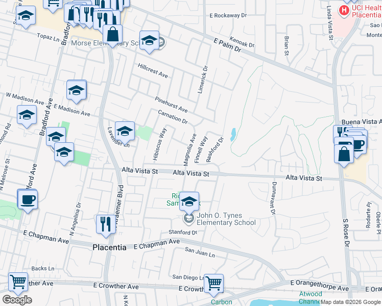 map of restaurants, bars, coffee shops, grocery stores, and more near 906 Magnolia Avenue in Placentia